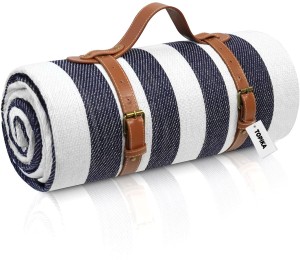 Topika (150 cm x 200 cm) Extra Large Waterproof Picnic Blanket with Carry Strap, Blue & White (AC Blanket)