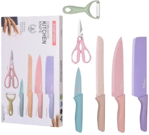 6 MultiColor Knives 6 Piece Corrugated Knifes Ceramic Bread Knife, Steak Knife Set