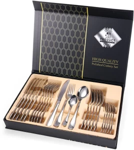 Leisure Haven 24-Piece High Quality Stainless Steel Cutlery Set - Polished Finish - Dinner Service for 6 - Elegant Gift Box Stainless Steel Cutlery Set