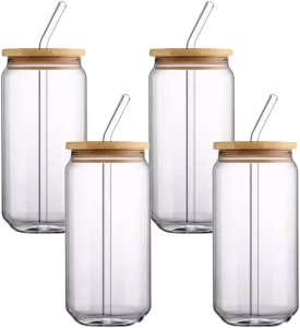 Generic (Pack of 4) Glasses with Bamboo Lid and Glass Straw Cocktail Glass Set