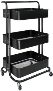 Dot Furn 3-Tier Metal Storage Trolley with Rolling Wheels – Black Utility Cart for Kitchen, Bathroom, or Office Organization Steel Kitchen Trolley