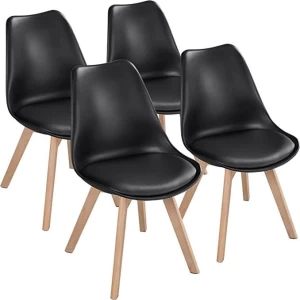 SMTE Dining Chairs with Cushion Seat, Wooden Legs- Set of 4 - Black Leather Cafeteria Chair