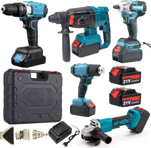 fame inc 21V Cordless Hammer Drill, Impact Wrench, Grinder, Drill, Heat Gun & Case Hammer Drill, Angle Grinder, Heat Gun, Wrench, Power Drill