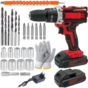 Fame inc 26 Pc Wireless Red Drill Set With 2 Lithium Battery Packs, Case & Gloves Power Drill