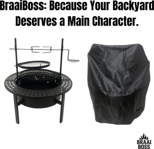BraaiBoss – 60cm Mega Fire Pit & Braai Girl with Rotisserie Spit, Swing Grid, Warming Rack & Protective Cover / Charcoal Braai