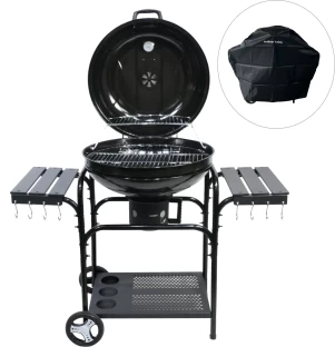 BraaiBoss 57cm Premium Charcoal Kettle Braai with Side Tables, Hinged Lid, Warming Rack, Thermometer & Protective Cover / Charcoal Braai