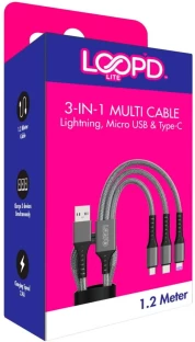 Loopd Lite 3 In 1 Multi Cable Quick Charge 3 A Mobile Charger with Detachable Cable