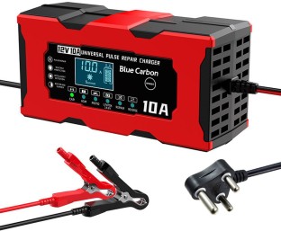 Blue Carbon Car Intelligent Pulse Repair Battery Charger 12V 10A with LCD Display Battery Jumper Kit