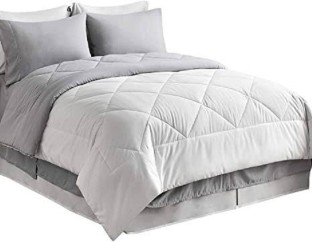 smte White @ Grey Stunning 5 Piece Reversible Comforter Se 300 TC Polyester Queen Floral Flat Bedsheet Adults