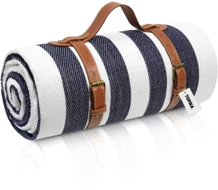 Topika (150 cm x 200 cm) Extra Large Waterproof Picnic Blanket with Carry Strap, Blue & White (AC Blanket)