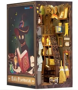 BezosMax DIY Book Nook Kit with Dust Proof, 3D Wooden Puzzle Bookshelf Insert Decor MP, DIY Miniature House Room Kit for Adults Teens Beginners Free Standing Book Shelf