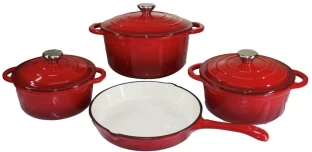 Cast Iron 7 Piece Authentic Dutch Oven Cookware Pot Set - Red Non-Stick Coated Cast Iron Cookware Set