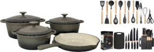 LA SIgnature 27 Piece Cast Iron Grey Non-Stick Coated Cast Iron Cookware Set