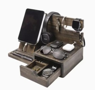 MAKTKL 2 Compartments Wooden Desk Organizer for Phone, Watches & Accessories