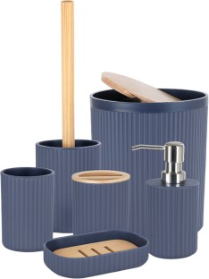 Bathlux Bathroom Accessories Set 6 Piece Navy Blue with Bamboo Accents Ribbed Design Bamboo Dispenser Case Holder