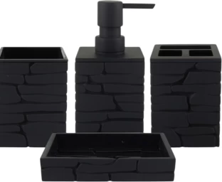 Bathlux Modern Black Bathroom Accessories Set 4-Piece Stone Pattern Plastic Dispenser Case Holder
