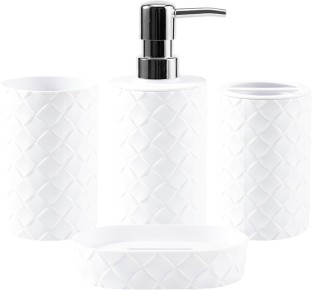 Bathlux Modern Bathroom Accessory Set White Ceramic Textured 4-Piece Ceramic Dispenser Case Holder