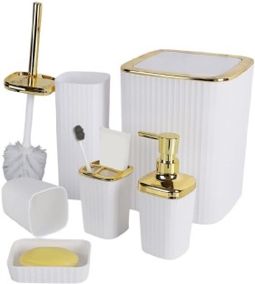 Wobuciko 6-Piece Bathroom Accessories Set, White and Gold, Ribbed Design with Soap Dispenser, Toothbrush Holder, Waste Bin Acrylic Dispenser Case Holder
