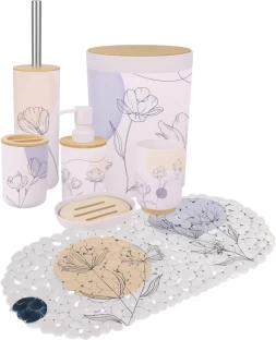 Bathlux Bathroom Accessory 6 Piece Set Tulip Print With Pebble Bath Mat 69*35cm Set Bamboo Dispenser Case Holder