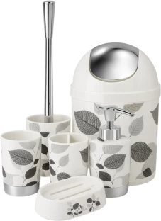 Bathlux Bathroom Accessory Set 6 Piece Grey Leaf Pattern Plastic Dispenser Case Holder
