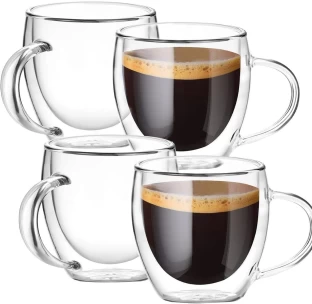 Lihle (Pack of 4) Double Wall Glasses Tea Cups Coffee Mugs Coffee Cups with Handle Hot Beverage Glass Set
