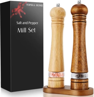 Topika Wooden Salt and Pepper Grinder Set 2-piece, 8/10 Inch with Tray Manual Hand Muller Grinder