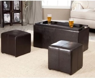 Hazlo 3 Piece PU Leather Coffee TableTray Storage Ottoman Solid Wood Cube Ottoman