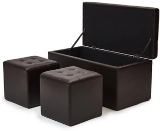 Hazlo 3-Piece Faux Leather Storage Ottoman Set Solid Wood Cube Ottoman