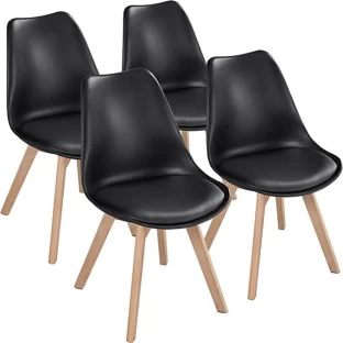 SMTE Dining Chairs with Cushion Seat, Wooden Legs- Set of 4 - Black Leather Cafeteria Chair