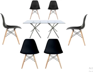 infinity homeware Rectanguler Glass Table With 6 Wooden Leg Chairs -Black Engineered Wood Table, Chair & Bench Set