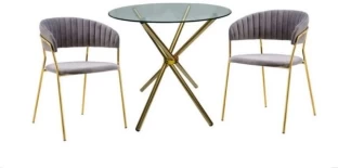 Premium Round Glass Table with 2 Modern Velvet and Gold Metal Dining Chairs Leather Table & Chair Set