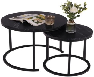 Luxury Set of 2 Round Wooden Top Coffee Table with Black Metal Frame, Living Room, Coffee Table Set for Living Room and Office Coffee Table