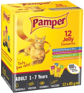 Pamper 12 Jelly Favourites Fish, Meat, Beef, Lamb, Chicken, Turkey 48 x 85 g Wet Adult Cat Food