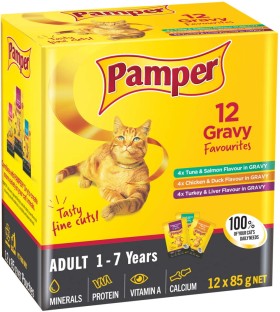 Pamper 12 Gravy Favorites Salmon, Tuna, Chicken, Duck, Turkey, Liver 48 x 85 g Wet Adult Cat Food