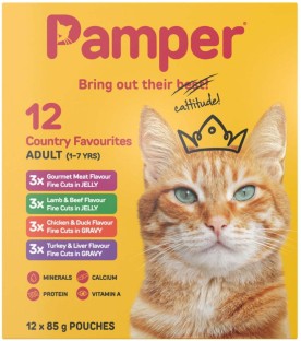 Pamper 12 Country Favourites Meat, Beef, Lamb, Chicken, Turkey 12 x 85 g Wet Adult Cat Food