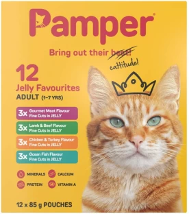 Pamper 12 Jelly Favourites Fish, Meat, Beef, Lamb, Chicken, Turkey 12 x 85 g Wet Adult Cat Food