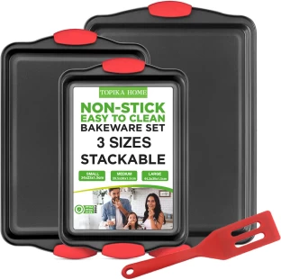 Topika Baking Pans Set, 4 Piece Non-Stick Cookie Sheets Tray for Baking Supplies Baking Pan