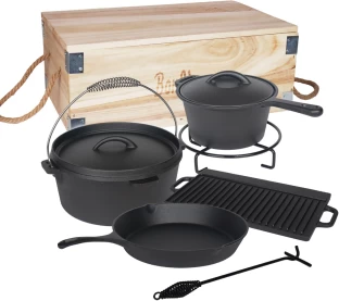 Bon Voyage 7 Piece Pre-Seasoned Heavy Duty Cast Iron Camping Potjie Set Potjie with Lid 4.28 L capacity