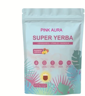 PINK AURA Yerba Mate Instant Tea Powder - Raspberry Lemonade Flavor | 3-in-1 Energy Boost, Focus & Gut Health