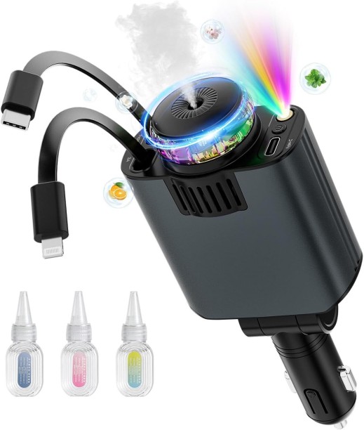 RAR Retractable Car Charger with Aromatherapy and Starlight, 5 in 1 USB C Car Charger for iPhone Car Deodorization Filter Air Purifier