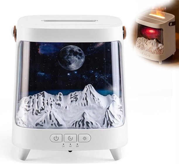 Flycross Aurora Essential Oil Diffuser, 3D Snow Mountain Fire Flame Humidifier, 200ml USB Aromatherapy Diffuser with 7 Color Changing Lights, Timer & Auto-Off for Bedroom, Office & Yoga (White Planet) Room Ozone Generator Air Purifier