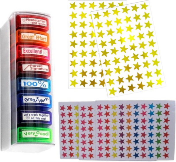 Miss Bliss Imports 3PK Combo Star Reward Stickers Gold and Multi colour 20 sheets & 8 Teacher Stamps Craft Kits Art and Craft Kit