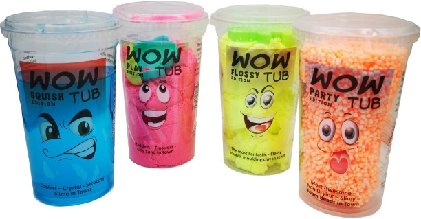 Umlozi WowTub 4 pack - Kinetic Sand, Flossy Clay, Slime, Floam Assorted Colours Clay Art & Moulding Art and Craft Kit