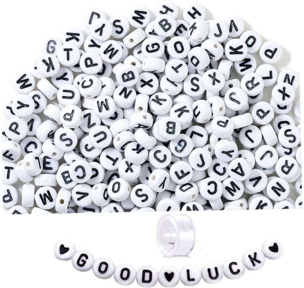 Cart In Mart 1000 Piece Letter Beads With Crystal String Jewellery Bracelet Making- White Beads Black Letters Beads Beads Art and Craft Kit