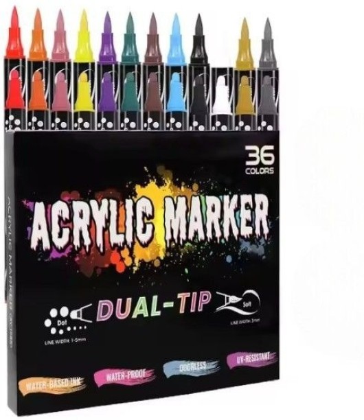 Acrylic Marker 36 Colors Acrylic Paint Pens - Dual Tip, Waterproof & UV-Resistant Markers