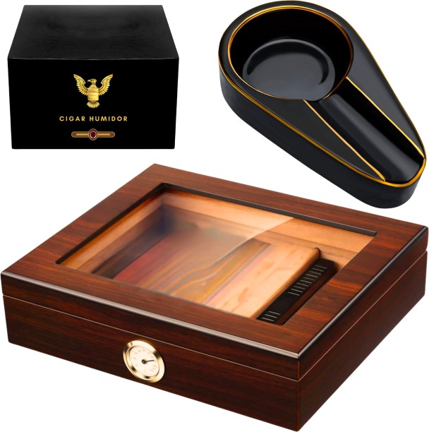 Shopnmore Cigar Humidor With Humidifier, Hygrometer & Ashtray, Glass Top Cigar Case Maroon, Black Wood, Ceramic Ashtray