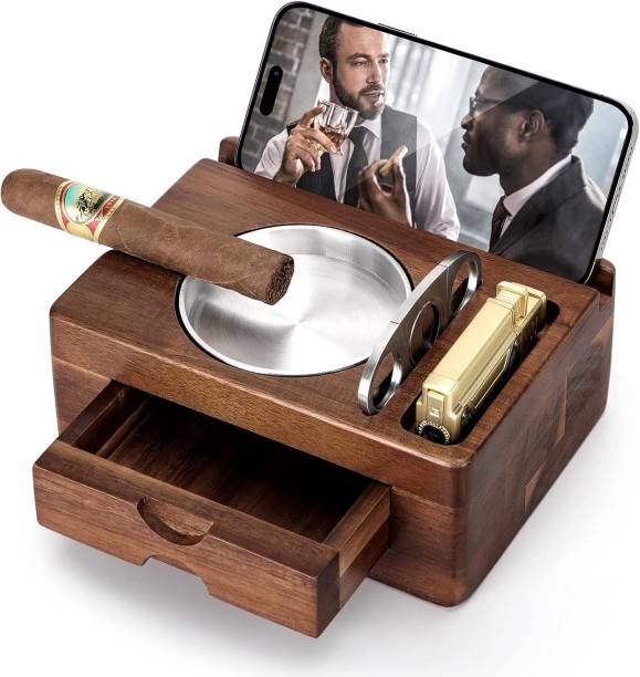 Flycross Wooden Cigar Ashtrays with Cigar Cutter Beige Wood Ashtray