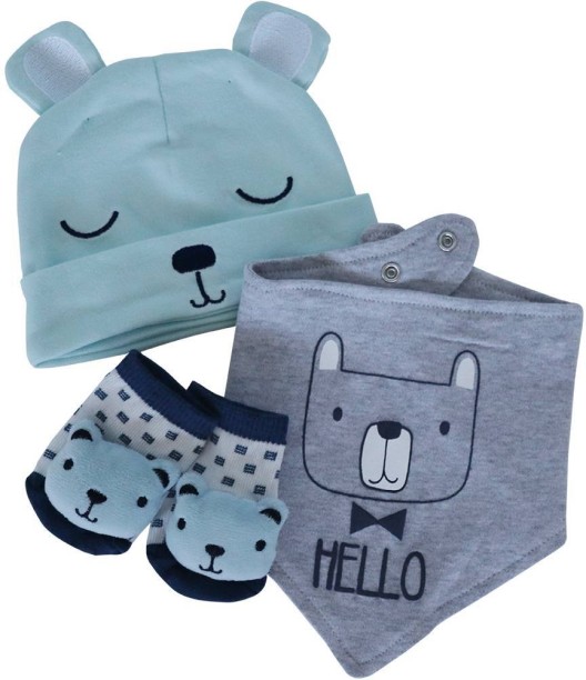 Snuggletime 3 Piece Gift Set - Hat, Bandana Bib & Socks - Blue & Grey