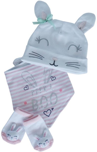 Snuggletime 3 Piece Gift Set - Hat, Bandana Bib & Socks - White & Pink