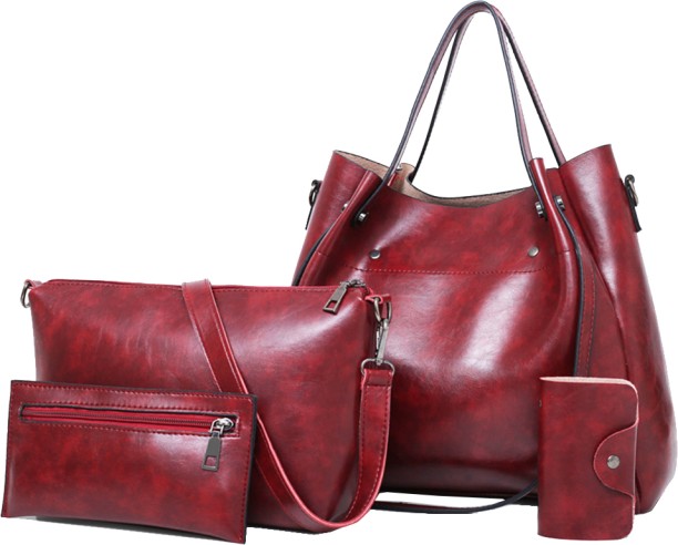 ALANES Women's PU Leather Handbag Shoulder Bag Purse Card Holder - Set of 4 - Red Multipurpose Bag